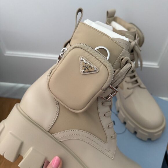 Prada Monolith Platform Combat Boots Re-nylon Leather In Deserto Pouch Pockets - Picture 8 of 12